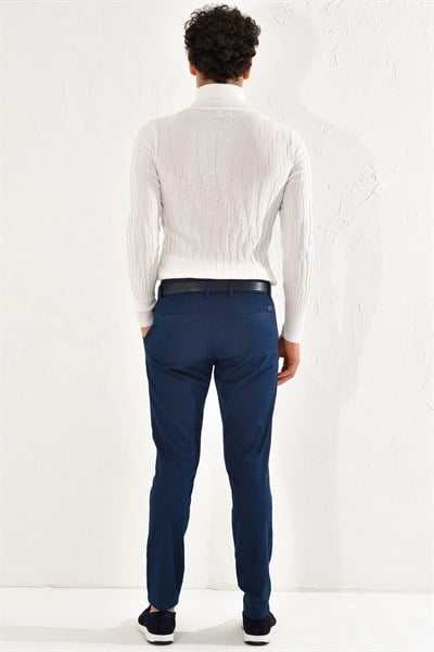 Slim Fit Yan Cepli Esnek Pamuk Tencel İndigo Chino Pantolon P 1070