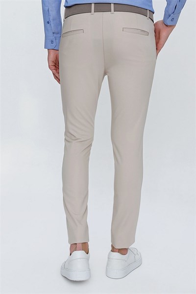 Slim Fit Yan Cepli Esnek Pamuklu Bej Chino Pantolon P 1077