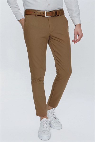 Slim Fit Yan Cepli Esnek Pamuklu Camel Chino Pantolon P 1077