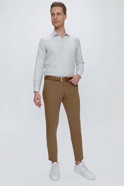 Slim Fit Yan Cepli Esnek Pamuklu Camel Chino Pantolon P 1077
