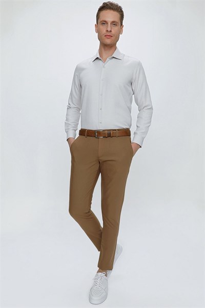 Slim Fit Yan Cepli Esnek Pamuklu Camel Chino Pantolon P 1077