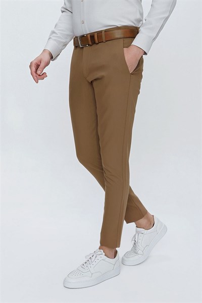 Slim Fit Yan Cepli Esnek Pamuklu Camel Chino Pantolon P 1077