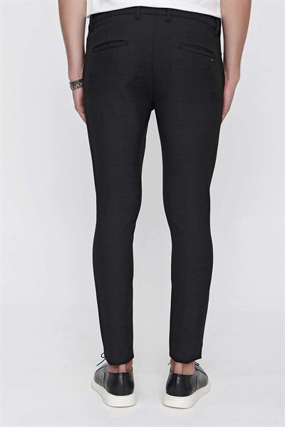 Slim Fit Yan Cepli Esnek Pamuklu Dokulu Siyah Kumaş Pantolon P 1096