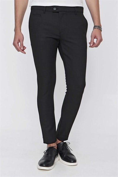 Slim Fit Yan Cepli Esnek Pamuklu Dokulu Siyah Kumaş Pantolon P 1096