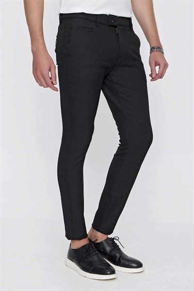 Slim Fit Yan Cepli Esnek Pamuklu Dokulu Siyah Kumaş Pantolon P 1096