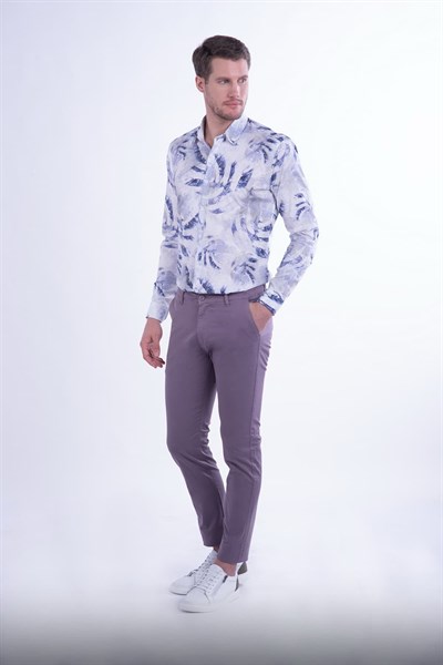 Slim Fit Yan Cepli Esnek Pamuklu Lila Kanvas Pantolon P 1078