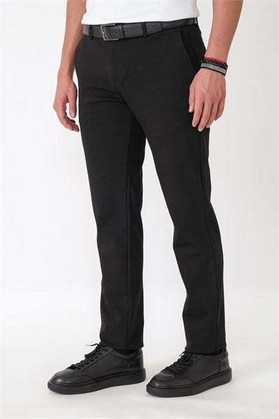 Slim Fit Yan Cepli Esnek Tencel Karışımlı Siyah Pantolon P 1233