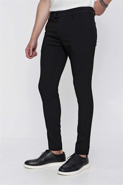 Slim Fit Yan Cepli Esnek Yünlü Çizgili Siyah Kumaş Pantolon P 1096