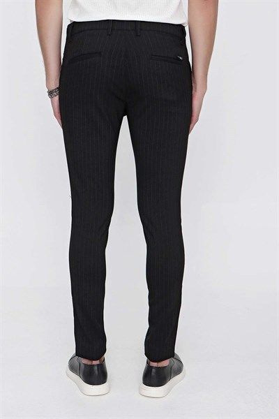 Slim Fit Yan Cepli Esnek Yünlü Çizgili Siyah Kumaş Pantolon P 1096