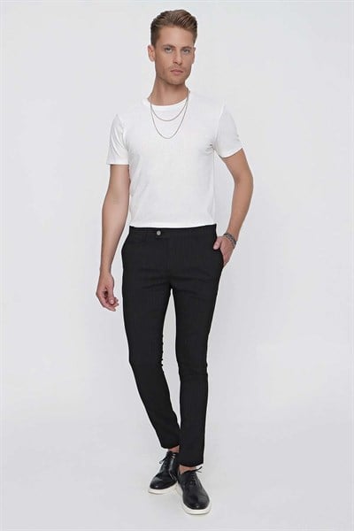 Slim Fit Yan Cepli Esnek Yünlü Çizgili Siyah Kumaş Pantolon P 1096