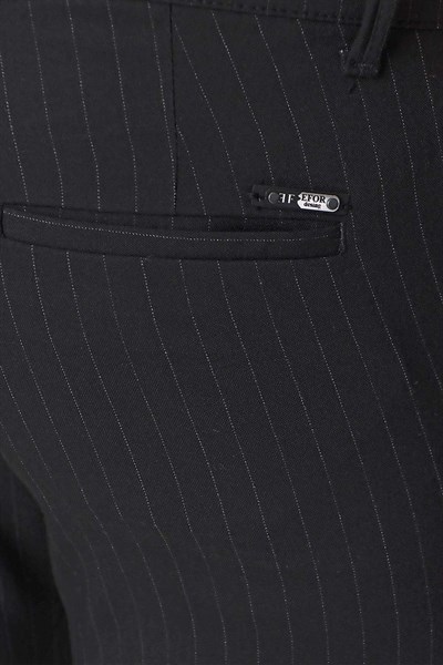 Slim Fit Yan Cepli Esnek Yünlü Çizgili Siyah Kumaş Pantolon P 1096