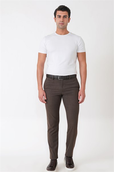 Slim Fit Yan Cepli Esnek Yünlü Kahverengi Çizgili Pantolon P 1236