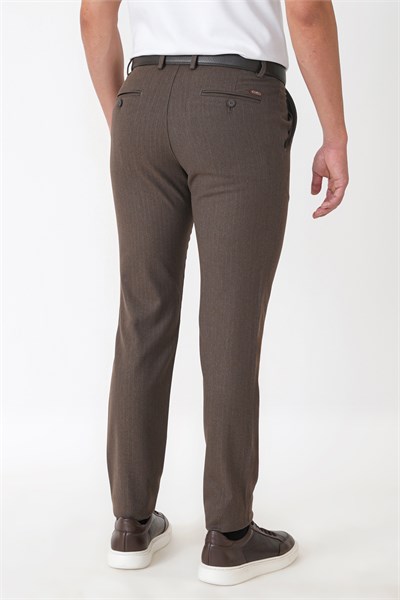 Slim Fit Yan Cepli Esnek Yünlü Kahverengi Çizgili Pantolon P 1236