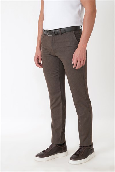 Slim Fit Yan Cepli Esnek Yünlü Kahverengi Çizgili Pantolon P 1236
