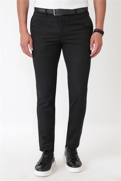 Slim Fit Yan Cepli Esnek Yünlü Siyah Çizgili Pantolon P 1236