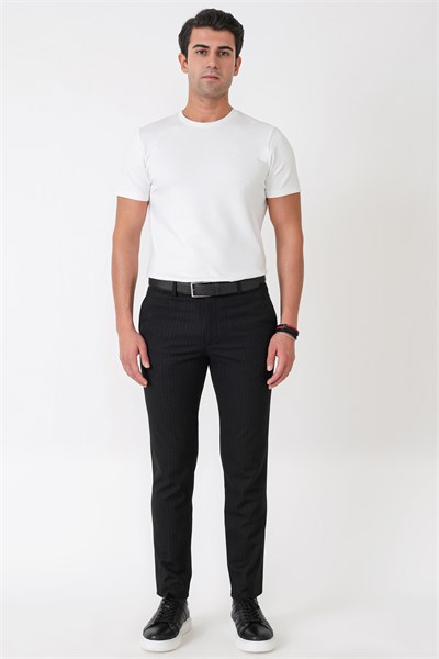 Slim Fit Yan Cepli Esnek Yünlü Siyah Çizgili Pantolon P 1236