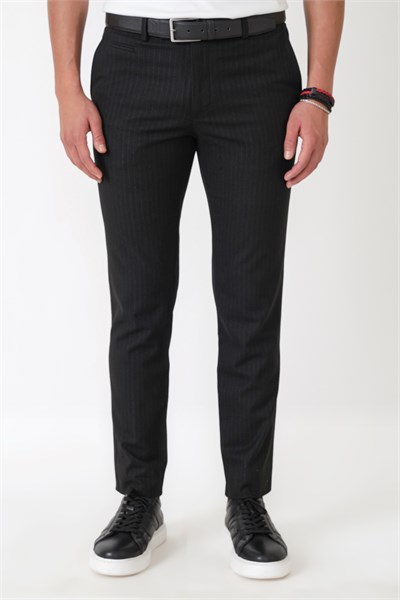 Slim Fit Yan Cepli Esnek Yünlü Siyah Çizgili Pantolon P 1236