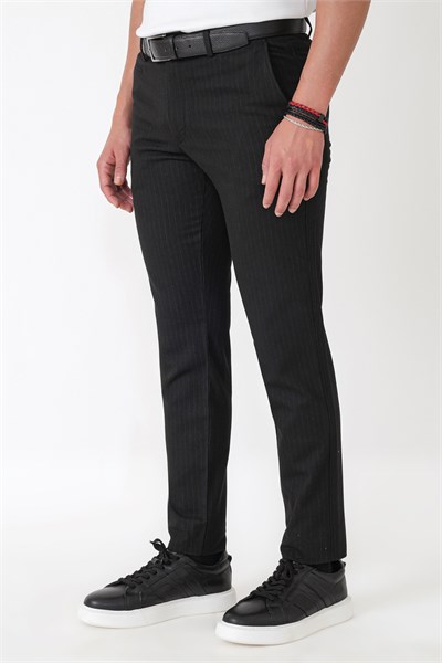 Slim Fit Yan Cepli Esnek Yünlü Siyah Çizgili Pantolon P 1236