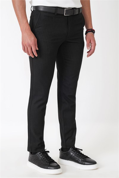 Slim Fit Yan Cepli Esnek Yünlü Siyah Çizgili Pantolon P 1236
