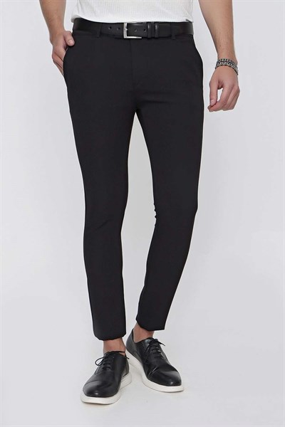 Slim Fit Yan Cepli Esnek Yünlü Siyah Pantolon P 1099