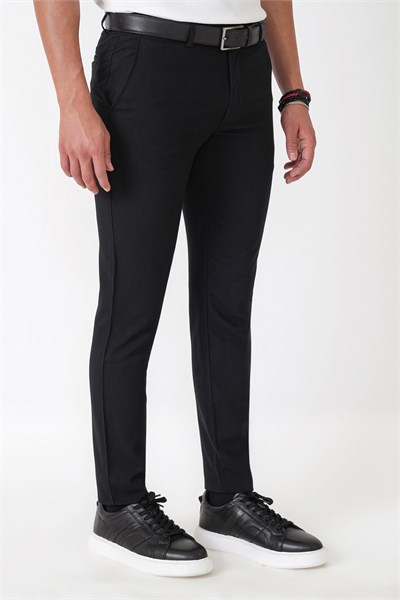 Slim Fit Yan Cepli Esnek Yünlü Siyah Pantolon P 1239