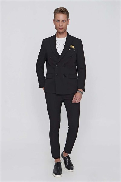 Slim Fit Yan Cepli Esnek Yünlü Siyah Pantolon P 1099