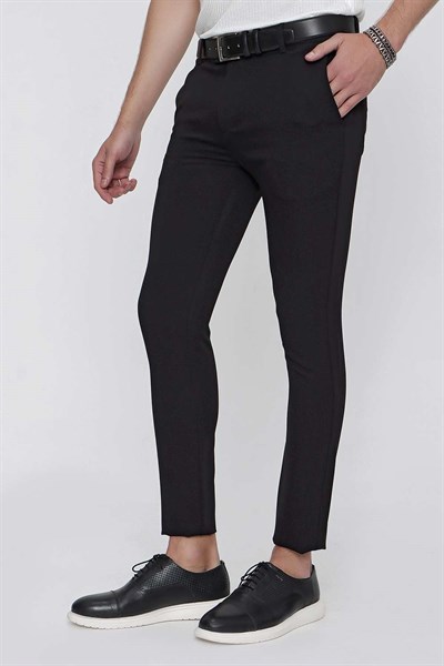 Slim Fit Yan Cepli Esnek Yünlü Siyah Pantolon P 1099