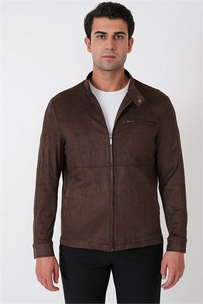 Slim Fit Yan Cepli Hakim Yaka Kahverengi Süet Mont MT 187