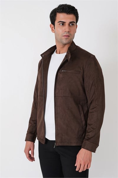 Slim Fit Yan Cepli Hakim Yaka Kahverengi Süet Mont MT 187