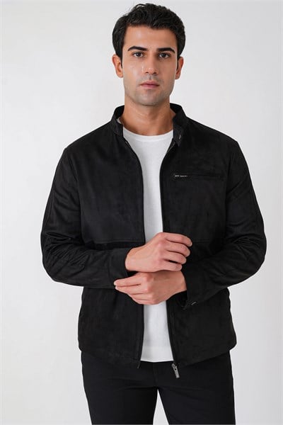 Slim Fit Yan Cepli Hakim Yaka Siyah Süet Mont MT 187