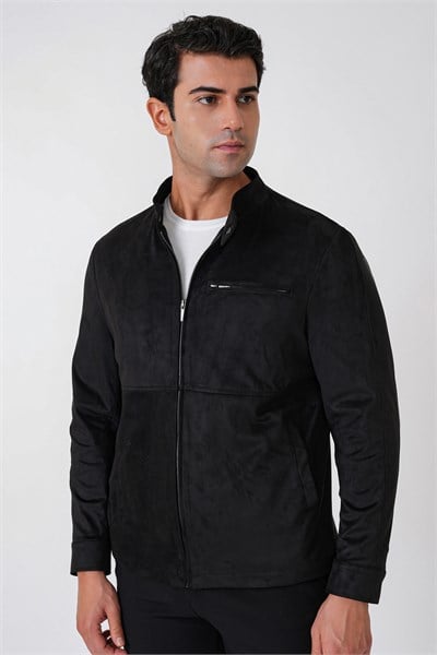 Slim Fit Yan Cepli Hakim Yaka Siyah Süet Mont MT 187