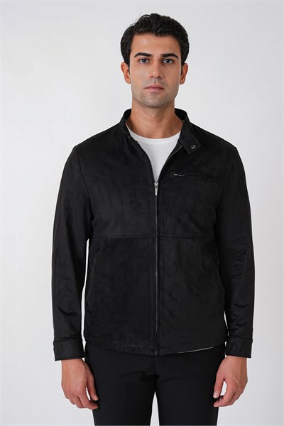 Slim Fit Yan Cepli Hakim Yaka Siyah Süet Mont MT 187
