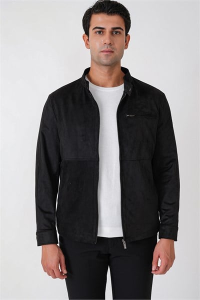 Slim Fit Yan Cepli Hakim Yaka Siyah Süet Mont MT 187