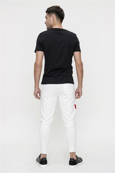 Slim Fit Yan Cepli Önü Baskılı İpli %100 Pamuk Beyaz Jogger Pantolon ATP 021