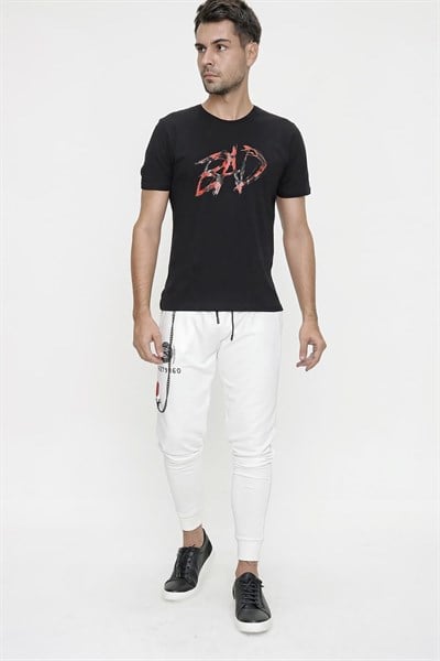 Slim Fit Yan Cepli Önü Baskılı İpli %100 Pamuk Beyaz Jogger Pantolon ATP 021