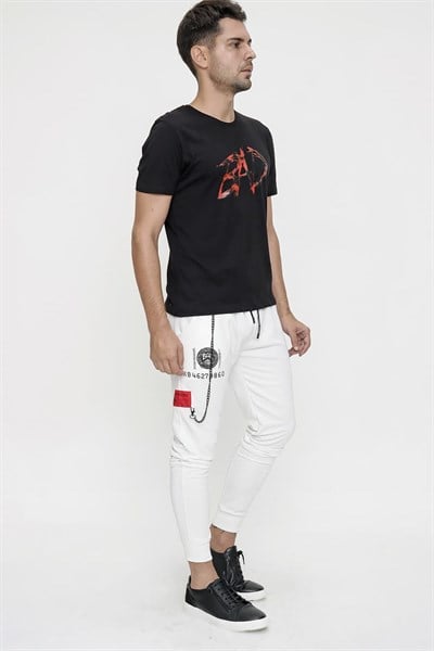 Slim Fit Yan Cepli Önü Baskılı İpli %100 Pamuk Beyaz Jogger Pantolon ATP 021