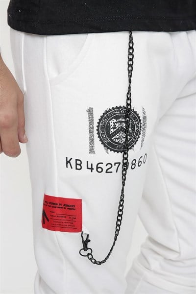 Slim Fit Yan Cepli Önü Baskılı İpli %100 Pamuk Beyaz Jogger Pantolon ATP 021