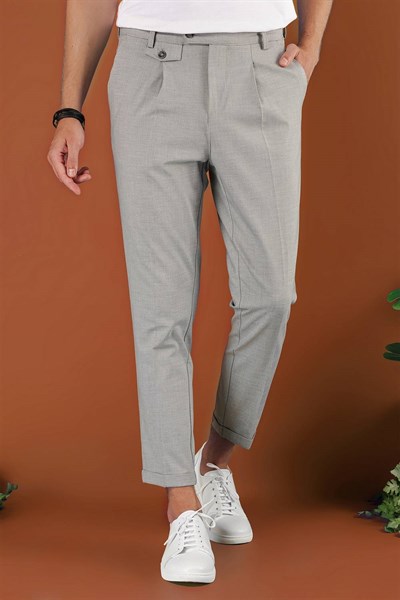 Slim Fit Yan Cepli Pileli Esnek Pamuk Gri Pantolon P 1119