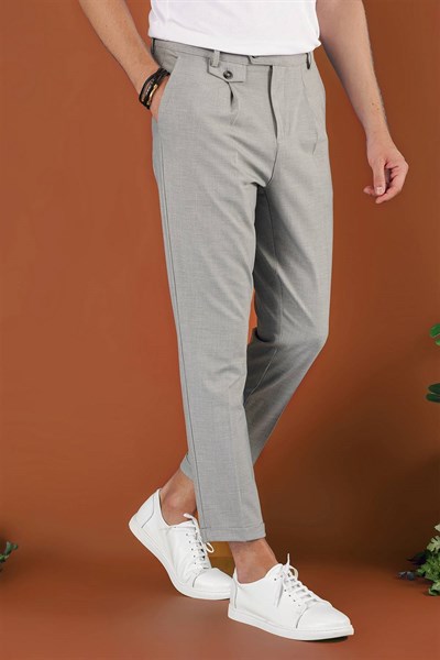 Slim Fit Yan Cepli Pileli Esnek Pamuk Gri Pantolon P 1119
