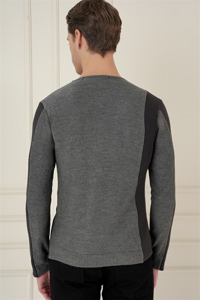 Slim Fit Yandan Ribana Modelli Antrasit Bisiklet Yaka Triko Kazak TR 871