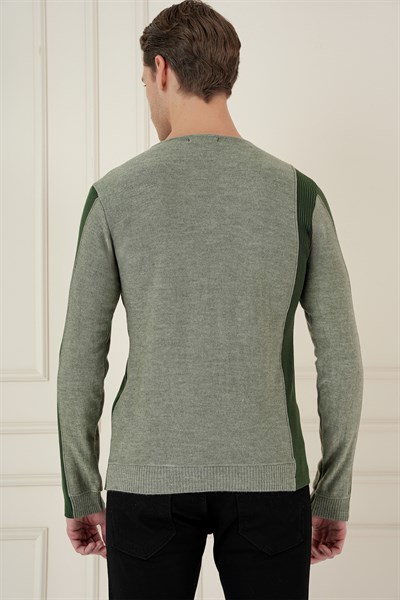 Slim Fit Yandan Ribana Modelli Haki Bisiklet Yaka Triko Kazak TR 871
