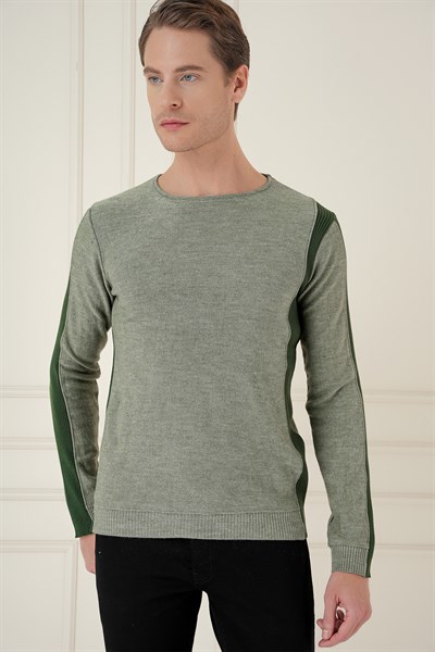 Slim Fit Yandan Ribana Modelli Haki Bisiklet Yaka Triko Kazak TR 871