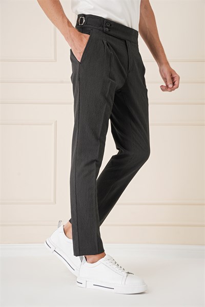 Slim Fit Yandan Tokalı Çift Pileli Esnek Pamuk Siyah Pantolon P 1160