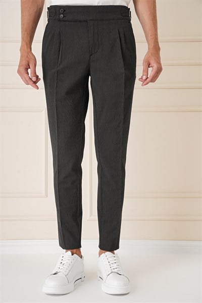 Slim Fit Yandan Tokalı Çift Pileli Esnek Pamuk Siyah Pantolon P 1160