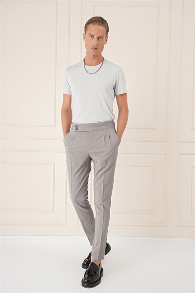 Slim Fit Yandan Tokalı Çift Pileli Esnek Pamuk Gri Pantolon P 1160