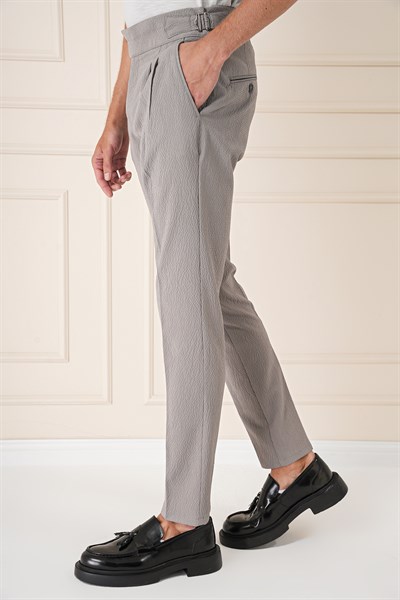 Slim Fit Yandan Tokalı Çift Pileli Esnek Pamuk Gri Pantolon P 1160