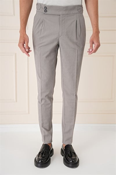 Slim Fit Yandan Tokalı Çift Pileli Esnek Pamuk Gri Pantolon P 1160