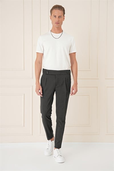 Slim Fit Yandan Tokalı Çift Pileli Esnek Pamuk Siyah Pantolon P 1160