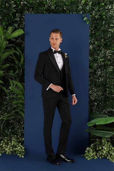Slim Fit Yelekli Çıkarılabilir Saten Yaka Siyah Damatlık Smokin Takım Black 070