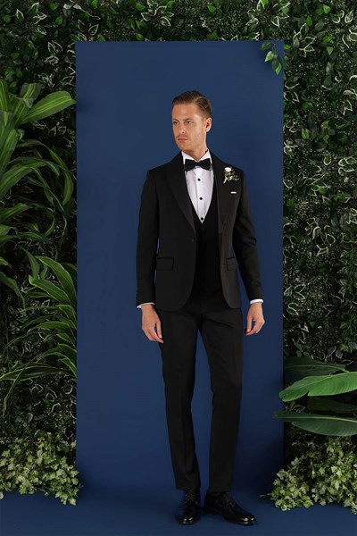 Slim Fit Yelekli Çıkarılabilir Saten Yaka Siyah Damatlık Smokin Takım Black 070